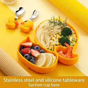 Duck-shaped baby silicone suction plate set with stainless steel spoon and fork