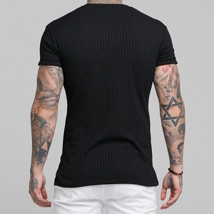 Detailed back view of men's slim-fit black T-shirt showing vertical ribbed fabric texture