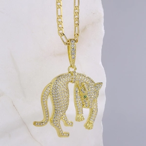 Leopard Panther Pendant Necklace Gold Plated Copper Zircon Green Eyes Figaro Chain Punk Hip Hop Jewelry For Women