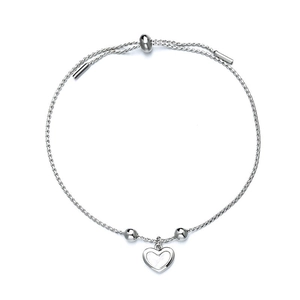 Adjustable silver woven chain bracelet with heart shaped shell pendant and metal beads