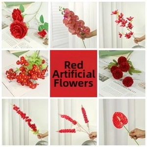 Detailed grid of assorted red artificial flowers including roses and hydrangeas for decor