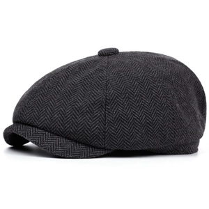 British style herringbone newsboy cap in dark grey with classic retro octagonal design