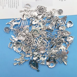 Detailed macro view of assorted silver Halloween alloy charms including skulls and spiders