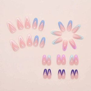 Colorful almond-shaped press on nails with French tips in purple and blue hues