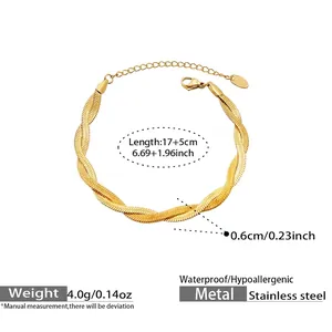 Detailed size specifications of braided snake chain bracelet in 18k gold plated steel