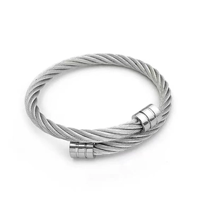 Silver stainless steel cable wire cuff bracelet with a punk hip-hop open design
