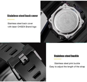 Detail of OHSEN AD2405 sport watch stainless steel back case and buckle 5ATM water resistant