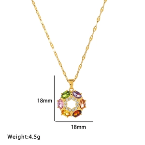 Gold flower necklace with colorful zircons, measuring 18mm with a 4.5g weight pendant