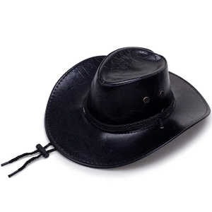 Detail of black western cowboy hat featuring leaf embossing and adjustable chin strap