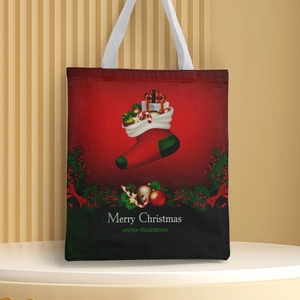 Detail of Christmas canvas handbag featuring festive patterns on a red gradient background