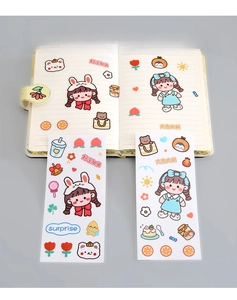 Detail of cute PVC cartoon stickers with peach and bear motifs for stationery decor