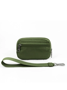 Cartera de muñeca en nailon verde oliva con doble cremallera y clip metálico extraíble