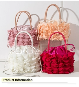 Satin floral evening bags in four colors with ruffled petal texture and chain straps