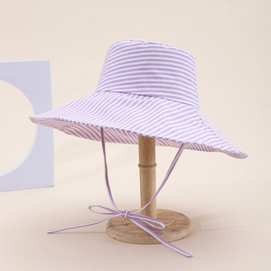 Purple and white striped wide brim sun hat with adjustable drawstring tie