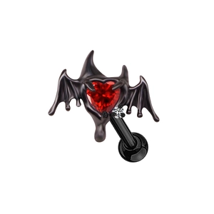 Gothic bat wing belly ring with heart shaped red zircon and black fluid metal design