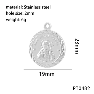 Macro shot of San Judas Tadeo stainless steel pendant showing 19mm x 23mm dimensions
