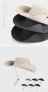 Detail showing various colors and adjustable windproof rope of outdoor wide brim sun hats