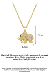 Macro view of crystal paved elephant pendant with 1.7cm dimensions and titanium steel chain