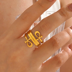 Ankh Cross Ring Stainless Steel Gold Plated Adjustable Open Ethnic Style Egyptian Fashion Jewelry For Women