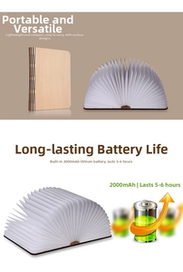 Detail of wooden book lamp showing 2000mAh battery and 5-6 hours usage time info