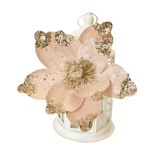 Champagne velvet poinsettia Christmas flower with gold glitter edges for tree decor
