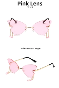 Detail of rimless butterfly sunglasses with pink lenses and hanging bead charms