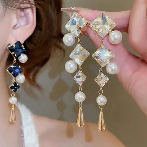 Long Drop Earrings With 925 Sterling Silver Earring Post Alloy Square Crystal Imitation Artificial Pearl Geometric Vintage Palace Style