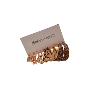 Set of 10 fashion earrings featuring gold C-shape hoops with pearls and leopard resin