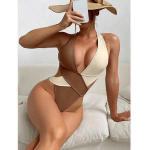 Women One Piece Swimsuit Sexy Color Block Cutout Backless Ruched High Cut Deep V Neck Padded Beachwear Nylon Spandex