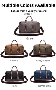 Detailed collection of canvas travel bags in five colors with leather trim and shoulder straps