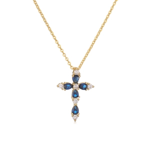Fashionable gold-plated cross necklace featuring blue pear-cut gems and white stones