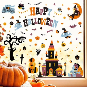 Halloween window clings featuring ghosts and pumpkins with Happy Halloween text stickers