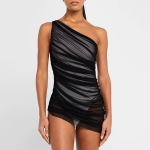 Chic black mesh one-shoulder one-piece swimsuit with textured pleated layers for women