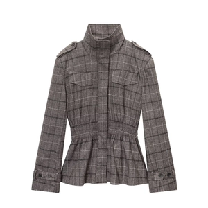 Veste à carreaux gris pour femme avec col montant et ourlet à basque volanté