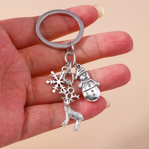 Detail of silver Christmas keychain with snowflake, snowman and reindeer charms