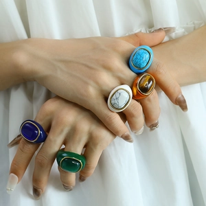 Bohemian large oval gemstone rings in gold plating with colorful enamel inlays for women