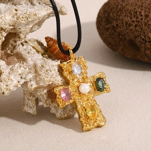 18K gold plated stainless steel cross necklace with colorful gemstones and white pearl