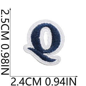 Mini embroidered letter Q patch in navy blue with white border and dimensions