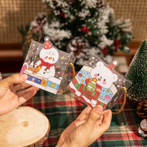 Christmas transparent PVC gift box with cartoon snowman and bear patterns and gold handles
