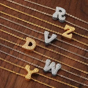 Initial Letter Pendant Necklace Copper With Zircon Inlaid Hip Hop Style Alphabet Jewelry For Women Men