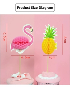Detailed size view of honeycomb flamingo and pineapple cupcake toppers with measurements