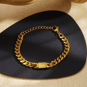 Adjustable gold plated stainless steel Cuban link bracelet with a polished square charm