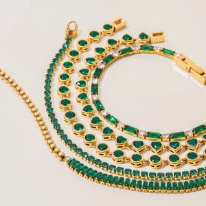 Luxurious gold stainless steel heart bracelets with green and clear zircon stones