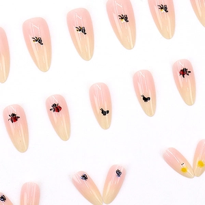 Cute cartoon insect animal press-on nails with long almond shape and pink gradient finish
