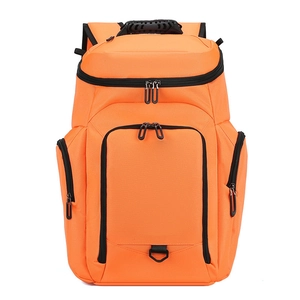 Detailed front view of a durable orange sports backpack with black zipper compartments
