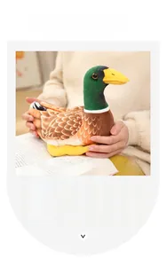 Detailed close-up of a lifelike mallard plush toy with soft green and yellow textures