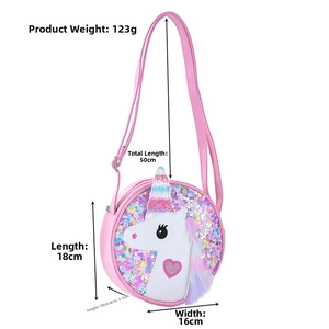 Detailed size map of girls sequin unicorn crossbody bag with dimensions and weight info