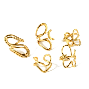 Minimalist 18K gold stainless steel geometric ring set with wave and floral patterns