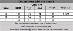 Größentabelle mit Materialzusammensetzung und Maßen für das Maxikleid mit Seitenschlitz