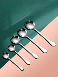 Polished stainless steel round soup spoons in 5 sizes with thick metal texture